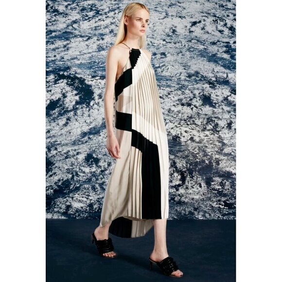 Tibi Revolve Maritime Border Midi Dress Size 0 NWT Ecru Multi Pleated Silk - Picture 16 of 16